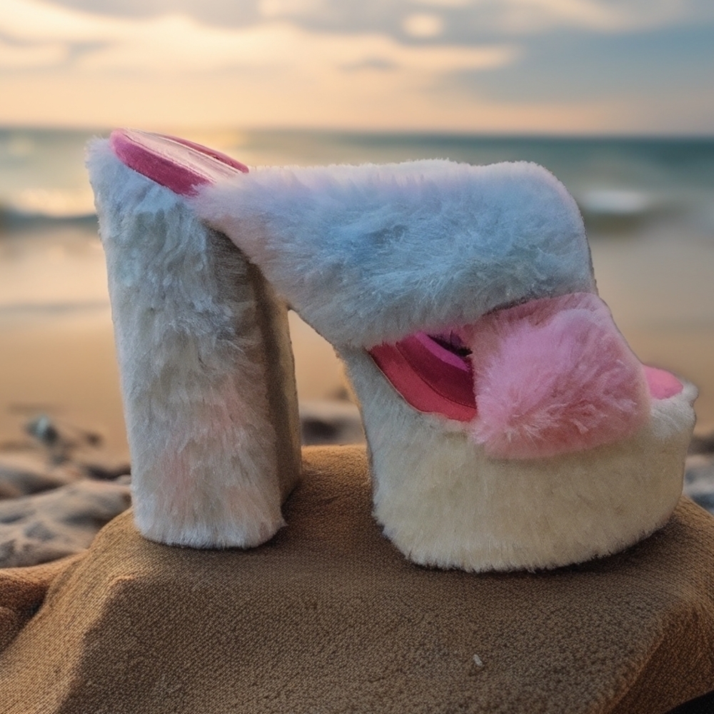 Joey Fuzzy Pink and Cream Platform Heels